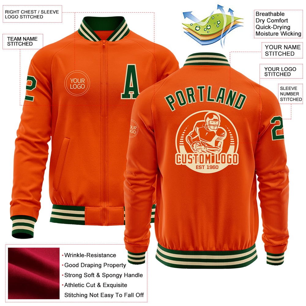 Custom Orange Green Cream Bomber Varsity Letterman Zipper Jacket, Custom Team Jacket
