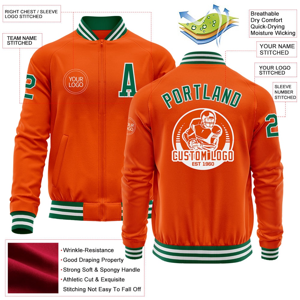 Custom Orange Kelly Green White Bomber Varsity Baseball Jacket, Custom Team Jacket