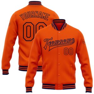 Custom Orange Navy Bomber Full Snap Baseball…