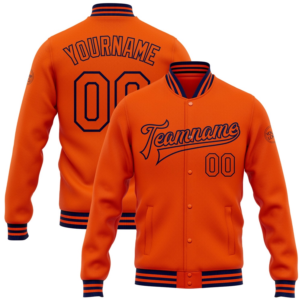 Custom Orange Navy Bomber Full Snap Baseball Jacket, Custom Team Jacket