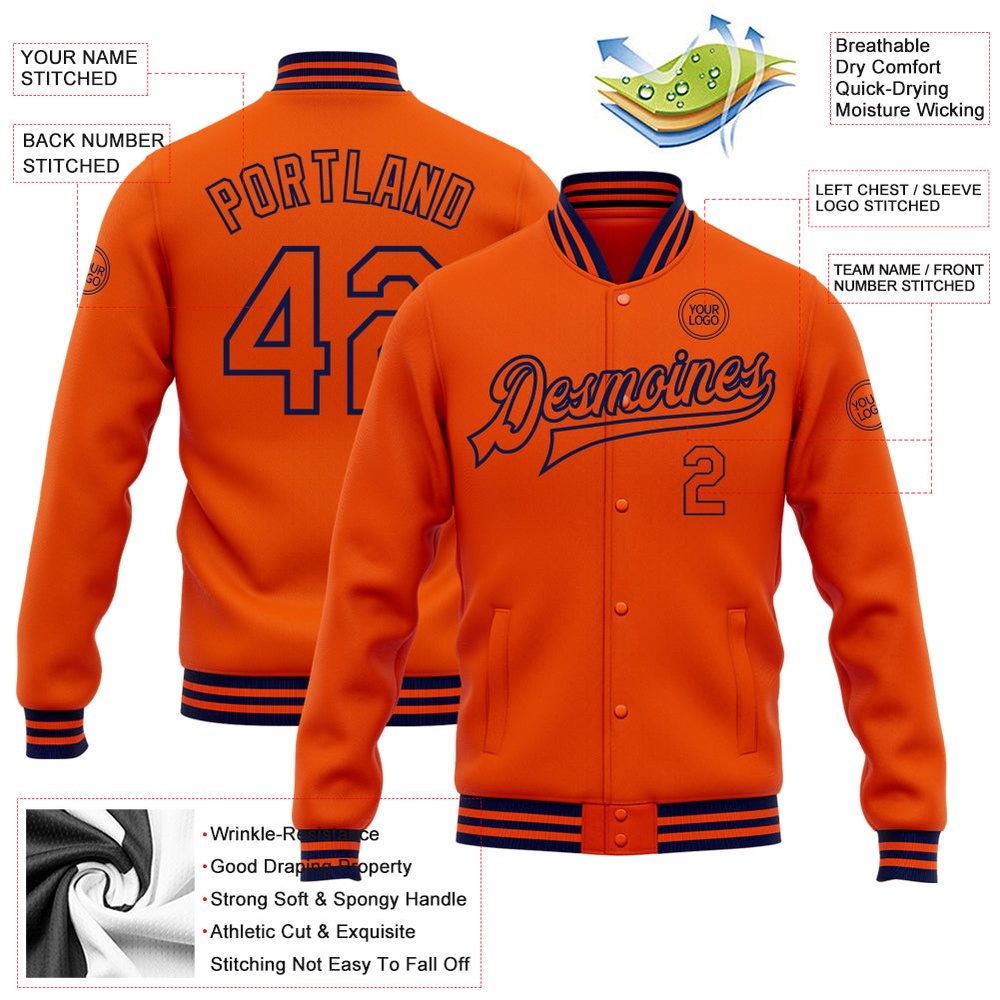 Custom Orange Navy Bomber Full Snap Baseball Jacket, Custom Team Jacket