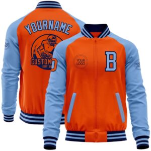 Custom Orange Navy Light Blue Bomber Varsity…