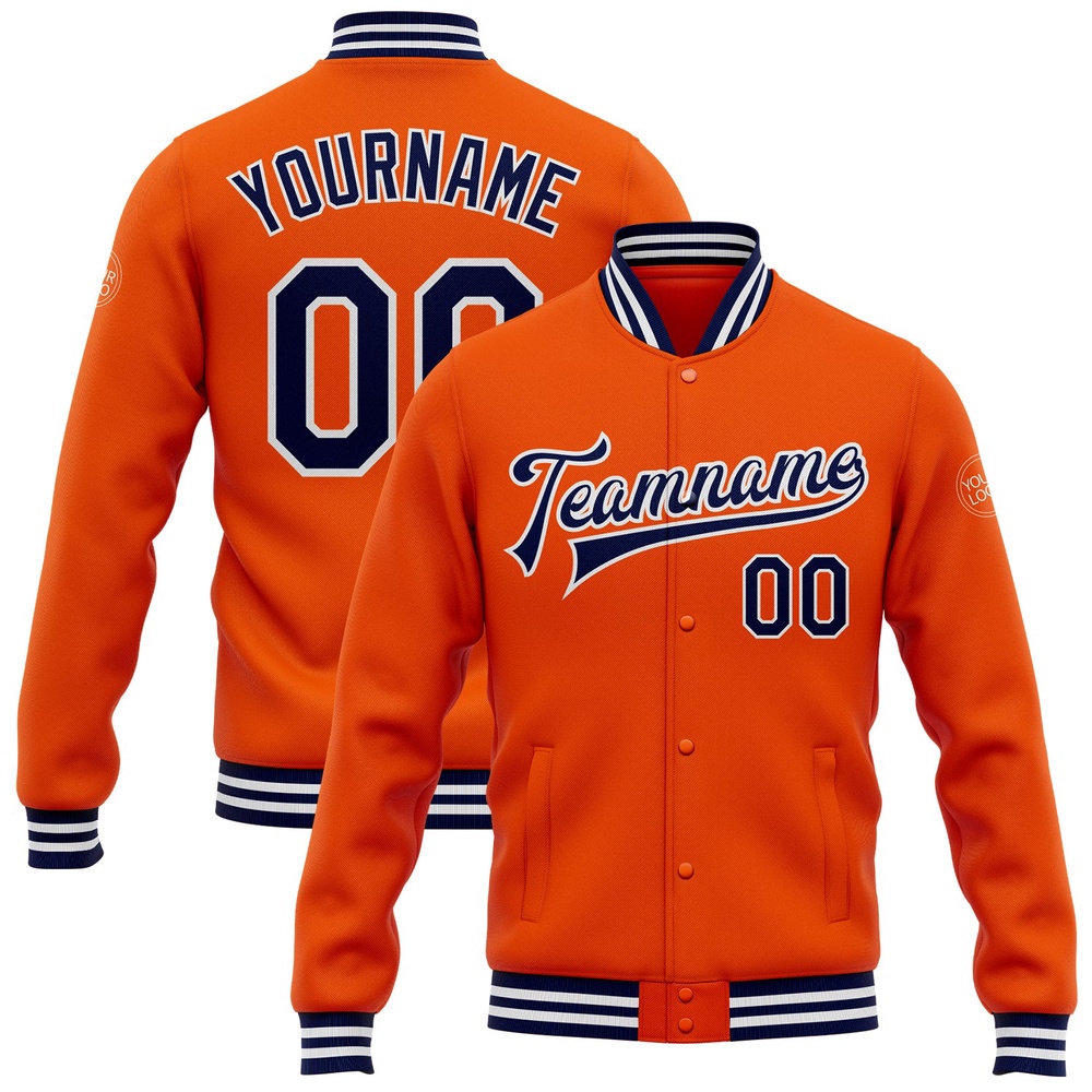 Custom Orange Navy White Bomber Full Snap Baseball Jacket, Custom Team Jacket