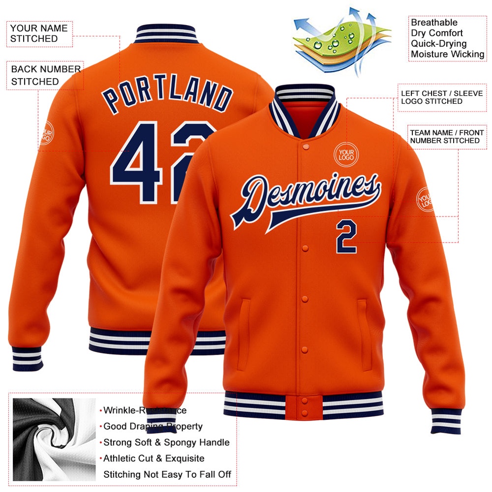 Custom Orange Navy White Bomber Full Snap Baseball Jacket, Custom Team Jacket