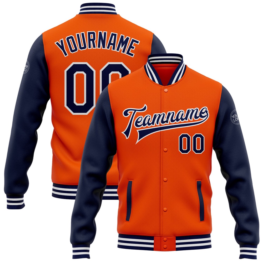 Custom Orange Navy White Bomber Full Snap Varsity Baseball Jacket, Custom Team Jacket