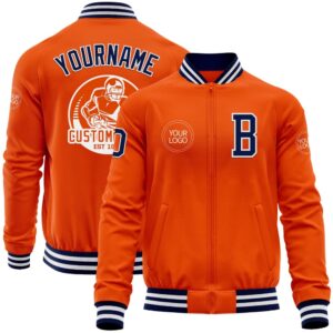 Custom Orange Navy White Bomber Varsity Baseball…