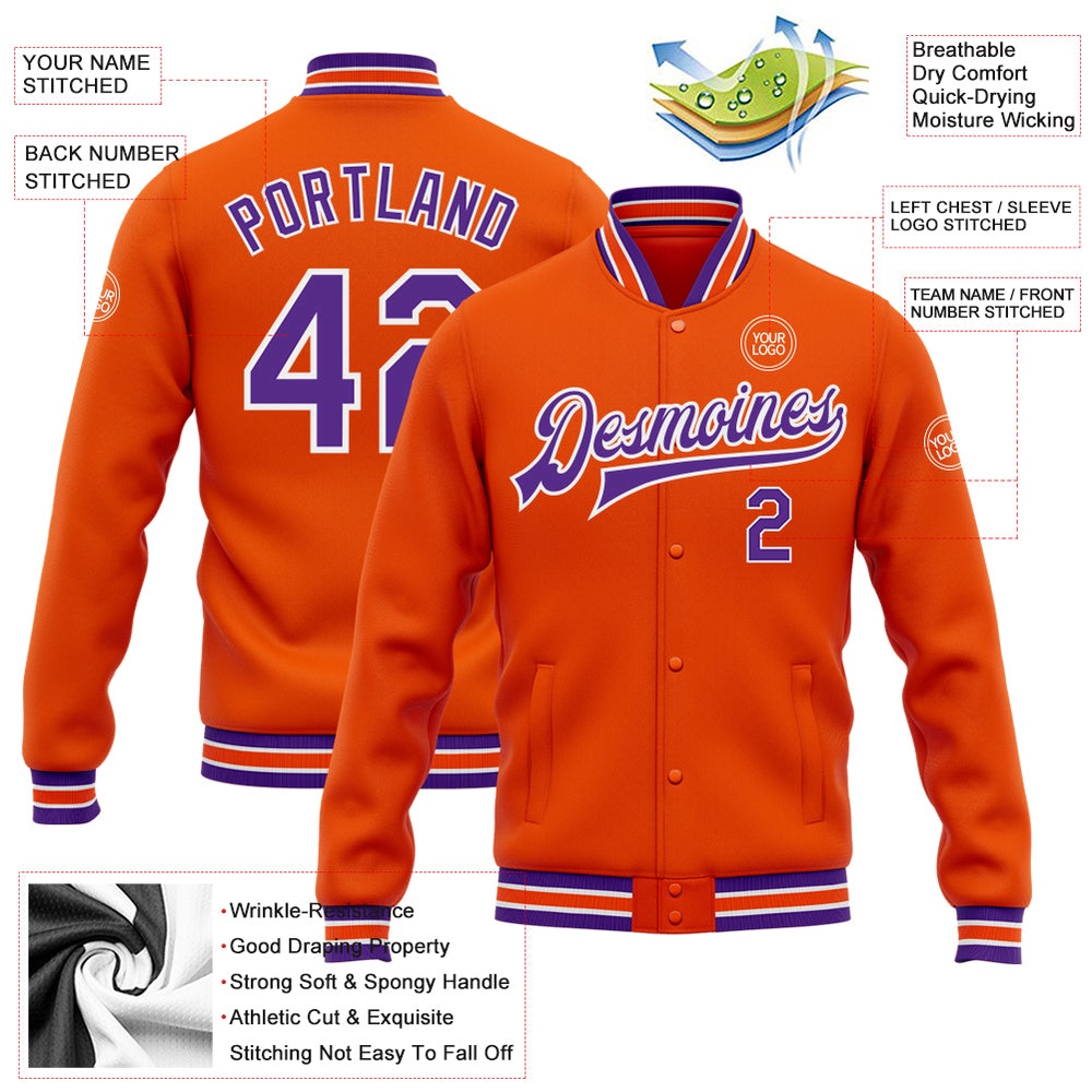 Custom Orange Purple White Bomber Full Snap Baseball Jacket, Custom Team Jacket
