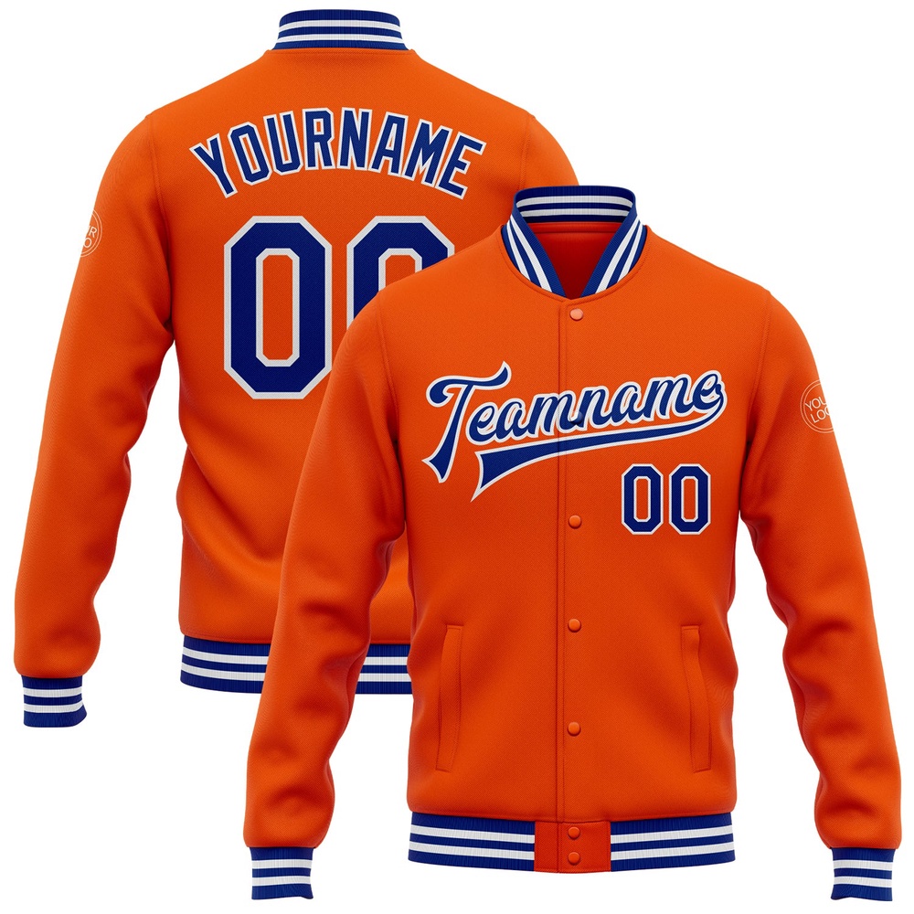 Custom Orange Royal White Bomber Full Snap Baseball Jacket, Custom Team Jacket