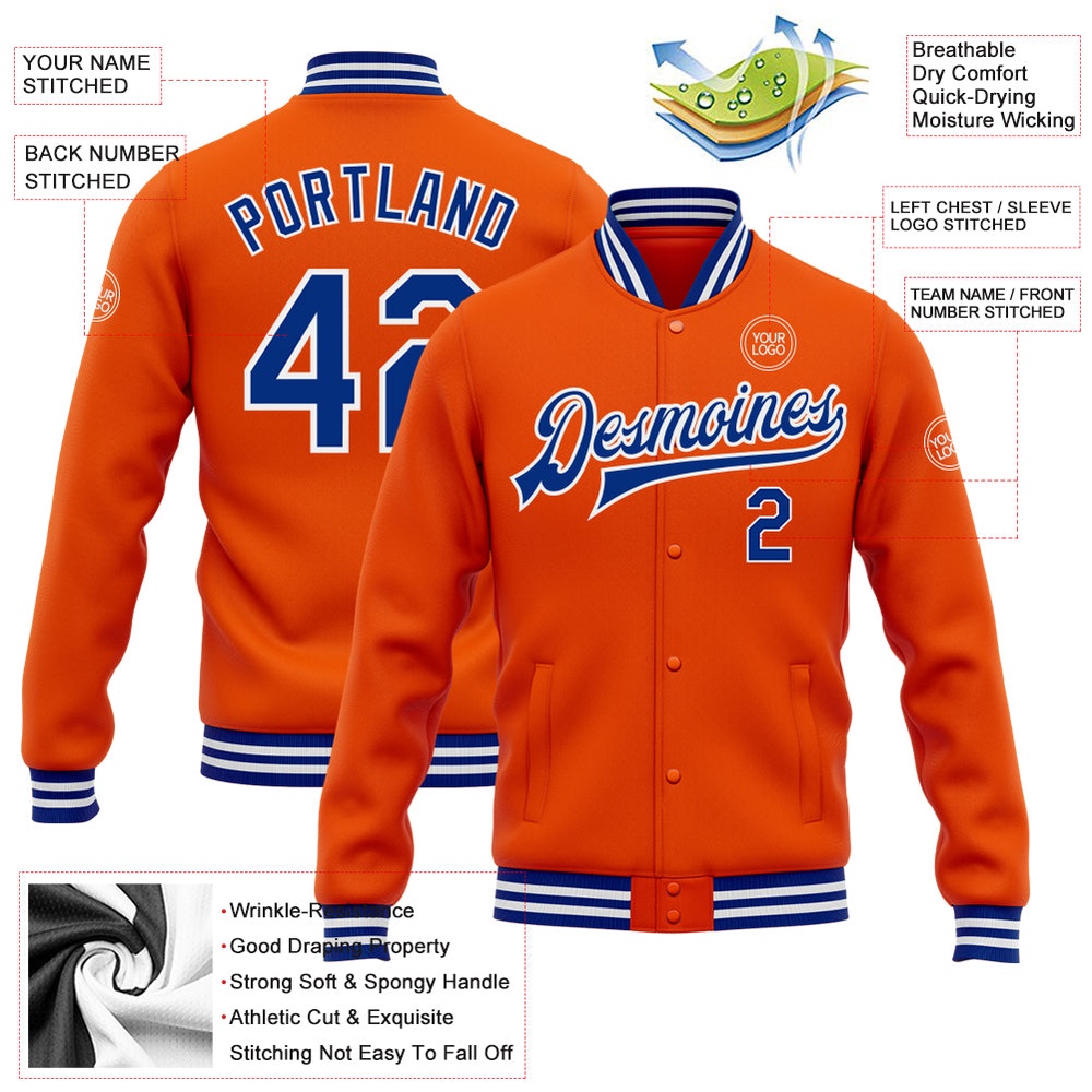Custom Orange Royal White Bomber Full Snap Baseball Jacket, Custom Team Jacket