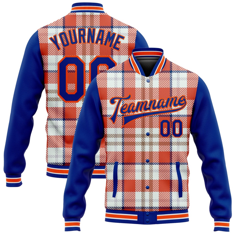 Custom Orange Royal White Check Board 3D Pattern Design Bomber Full Snap Baseball Jacket, Custom Team Jacket