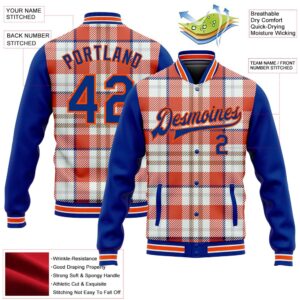 Custom Orange Royal White Check Board 3D Pattern Design Bomber Full Snap Baseball Jacket Custom Team Jacket 2 gef16x.jpg