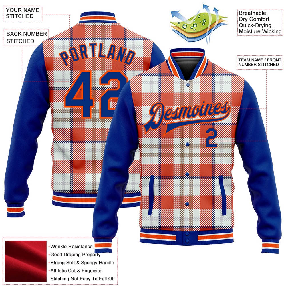 Custom Orange Royal White Check Board 3D Pattern Design Bomber Full Snap Baseball Jacket, Custom Team Jacket