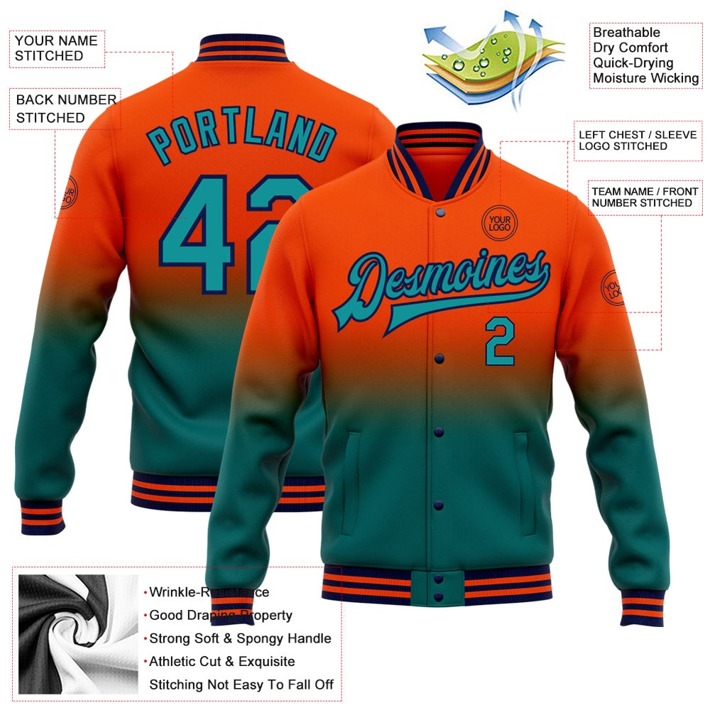 Custom Orange Teal Navy Bomber Full Snap Baseball Jacket, Custom Team Jacket