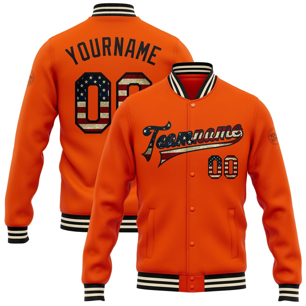 Custom Orange Vintage USA Flag Black Cream Bomber Full Snap Baseball Jacket, Custom Team Jacket