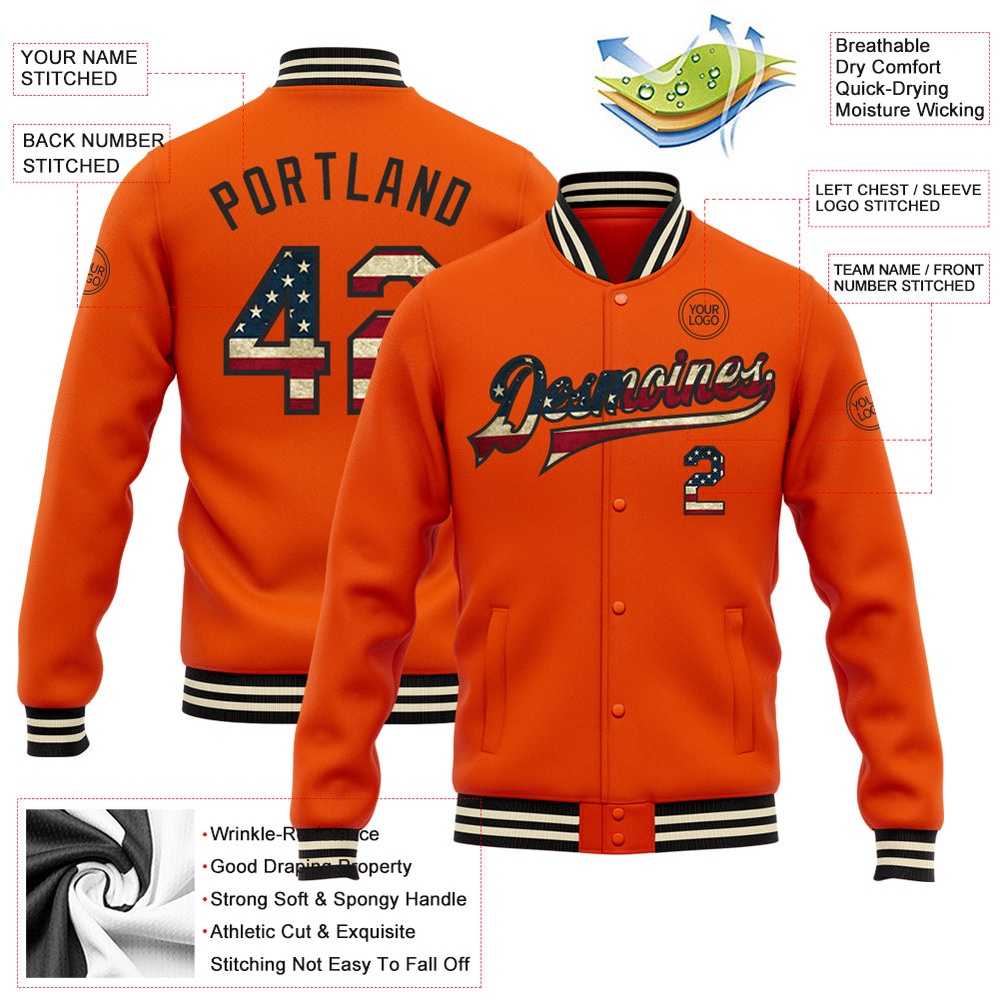 Custom Orange Vintage USA Flag Black Cream Bomber Full Snap Baseball Jacket, Custom Team Jacket
