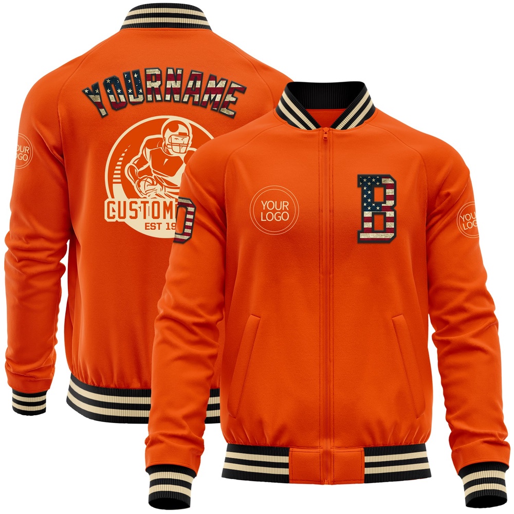 Custom Orange Vintage USA Flag Black Cream Bomber Varsity Baseball Jacket, Custom Team Jacket Custom Orange Vintage USA Flag Black Cream Bomber Varsity Baseball Jacket, Custom Team Jacket