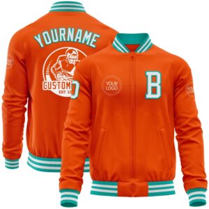 Custom Orange White Aqua Bomber Varsity Baseball…