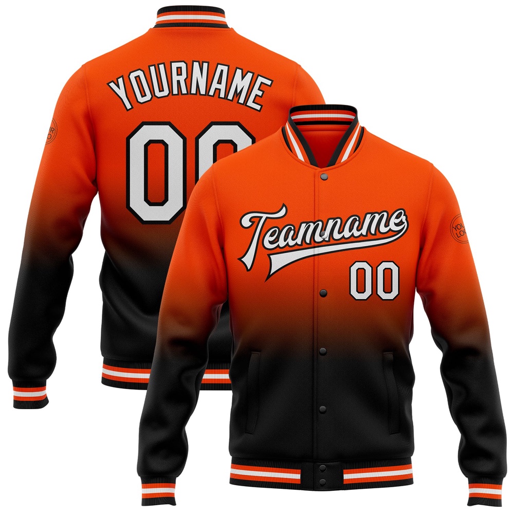 Custom Orange White Black Bomber Full Snap Baseball Jacket, Custom Team Jacket Custom Orange White Black Bomber Full Snap Baseball Jacket, Custom Team Jacket