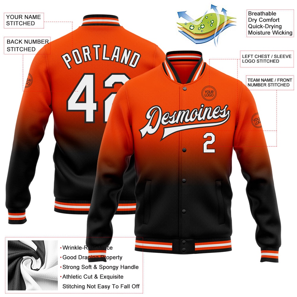 Custom Orange White Black Bomber Full Snap Baseball Jacket, Custom Team Jacket Custom Orange White Black Bomber Full Snap Baseball Jacket, Custom Team Jacket