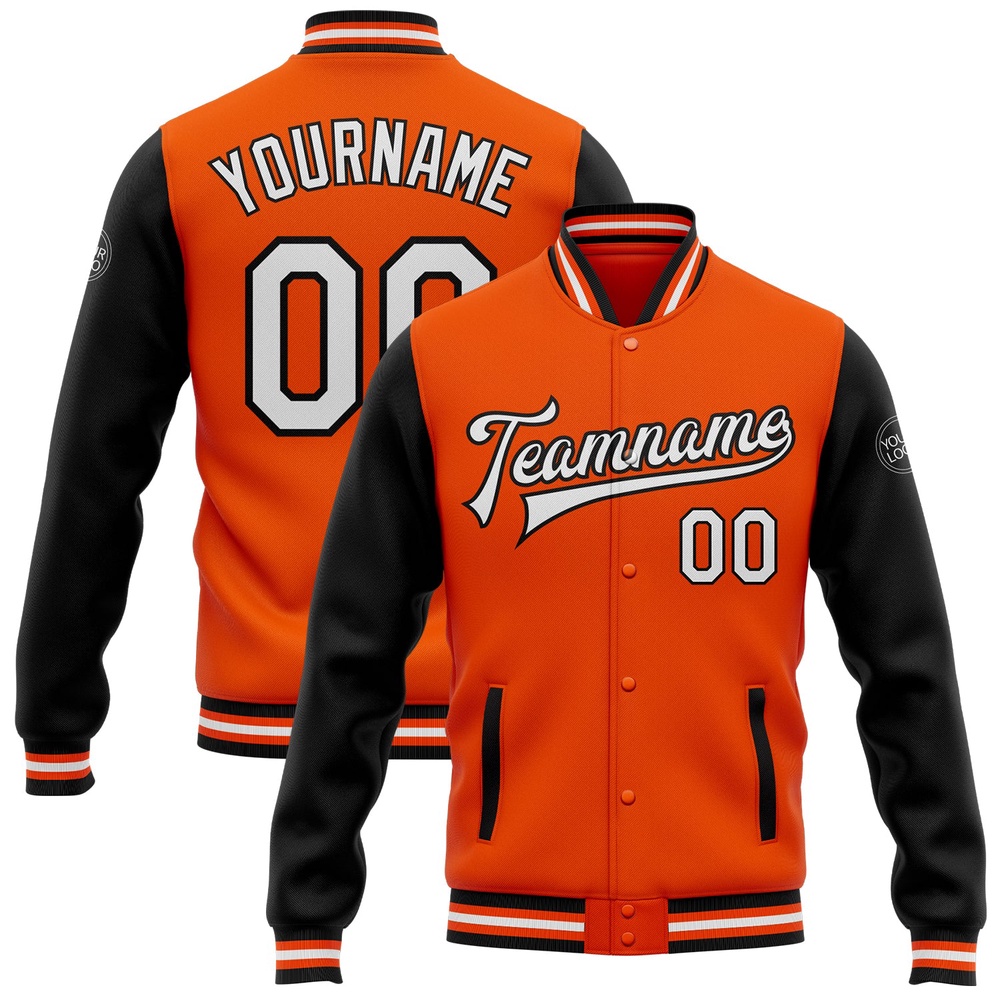 Custom Orange White Black Bomber Full Snap Varsity Baseball Jacket, Custom Team Jacket Custom Orange White Black Bomber Full Snap Varsity Baseball Jacket, Custom Team Jacket