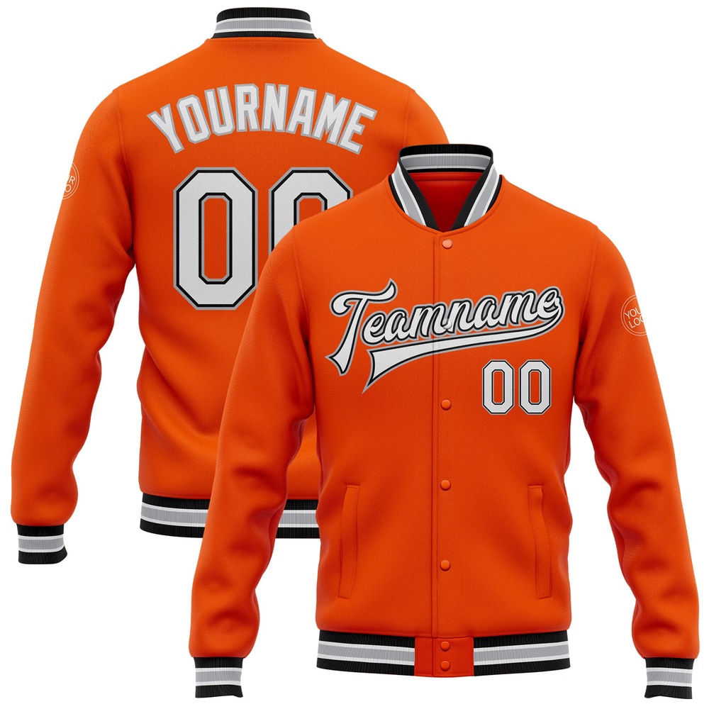 Custom Orange White Black Gray Bomber Full Snap Baseball Jacket, Custom Team Jacket Custom Orange White Black Gray Bomber Full Snap Baseball Jacket, Custom Team Jacket