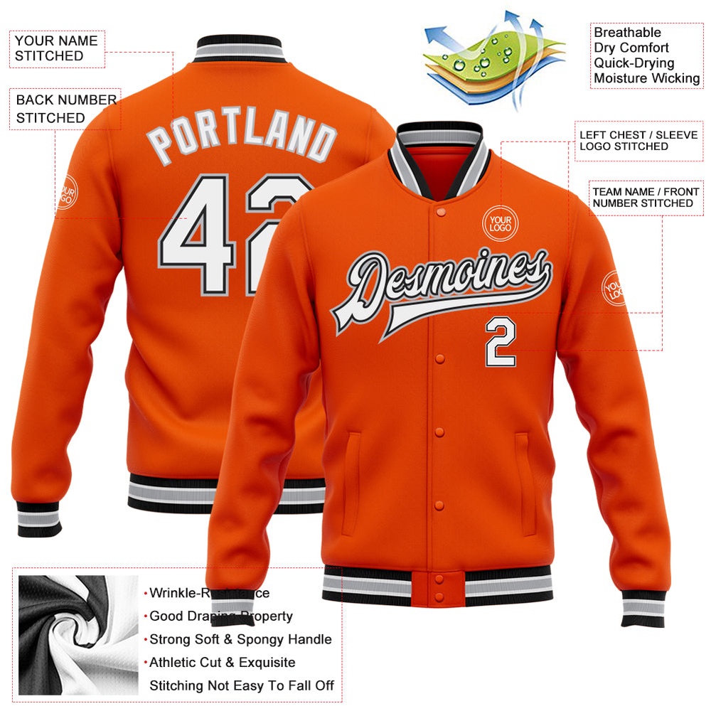 Custom Orange White Black Gray Bomber Full Snap Baseball Jacket, Custom Team Jacket Custom Orange White Black Gray Bomber Full Snap Baseball Jacket, Custom Team Jacket