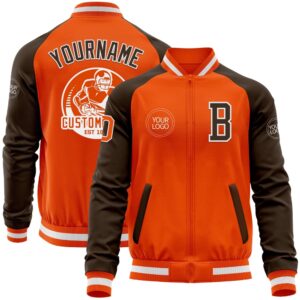 Custom Orange White Brown Bomber Varsity Baseball…