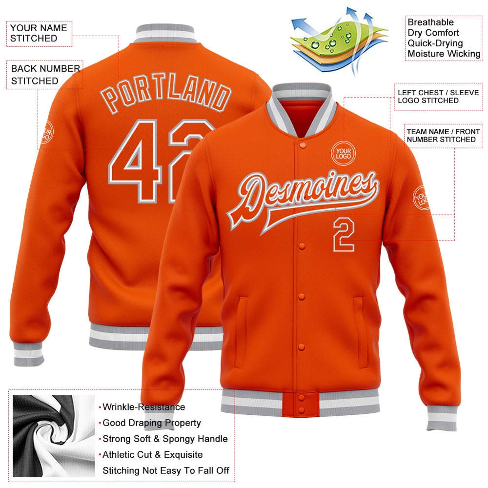 Custom Orange White Gray Bomber Full Snap Baseball Jacket, Custom Team Jacket Custom Orange White Gray Bomber Full Snap Baseball Jacket, Custom Team Jacket