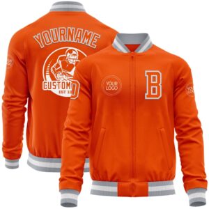 Custom Orange White Gray Bomber Varsity Baseball…