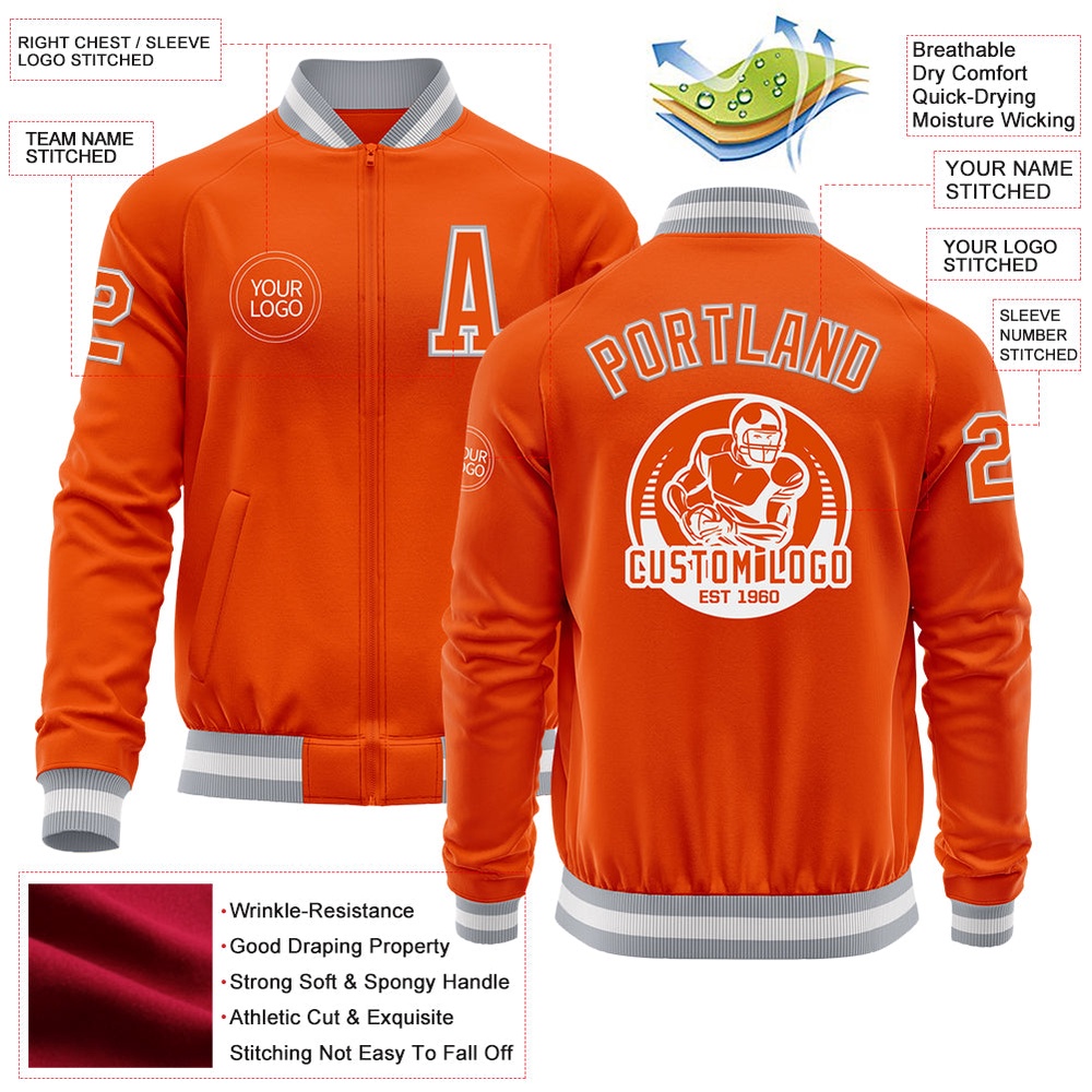 Custom Orange White Gray Bomber Varsity Baseball Jacket, Custom Team Jacket Custom Orange White Gray Bomber Varsity Baseball Jacket, Custom Team Jacket