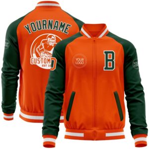 Custom Orange White Green Bomber Varsity Baseball…