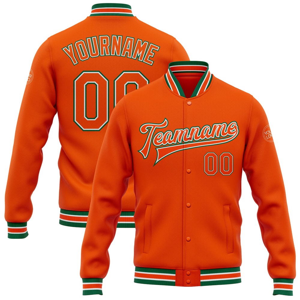 Custom Orange White Kelly Green Bomber Full Snap Baseball Jacket, Custom Team Jacket Custom Orange White Kelly Green Bomber Full Snap Baseball Jacket, Custom Team Jacket
