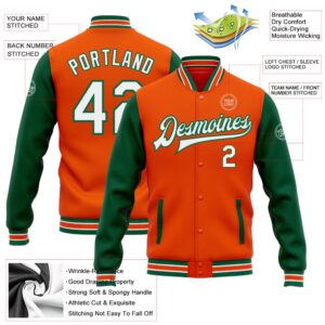 Custom Orange White Kelly Green Bomber Full Snap Varsity Baseball Jacket Custom Team Jacket 2 dcwnc1.jpg