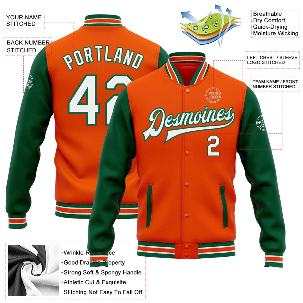 Custom Orange White Kelly Green Bomber Full Snap Varsity Baseball Jacket, Custom Team Jacket Custom Orange White Kelly Green Bomber Full Snap Varsity Baseball Jacket, Custom Team Jacket