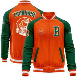 Custom Orange White Kelly Green Bomber Varsity…