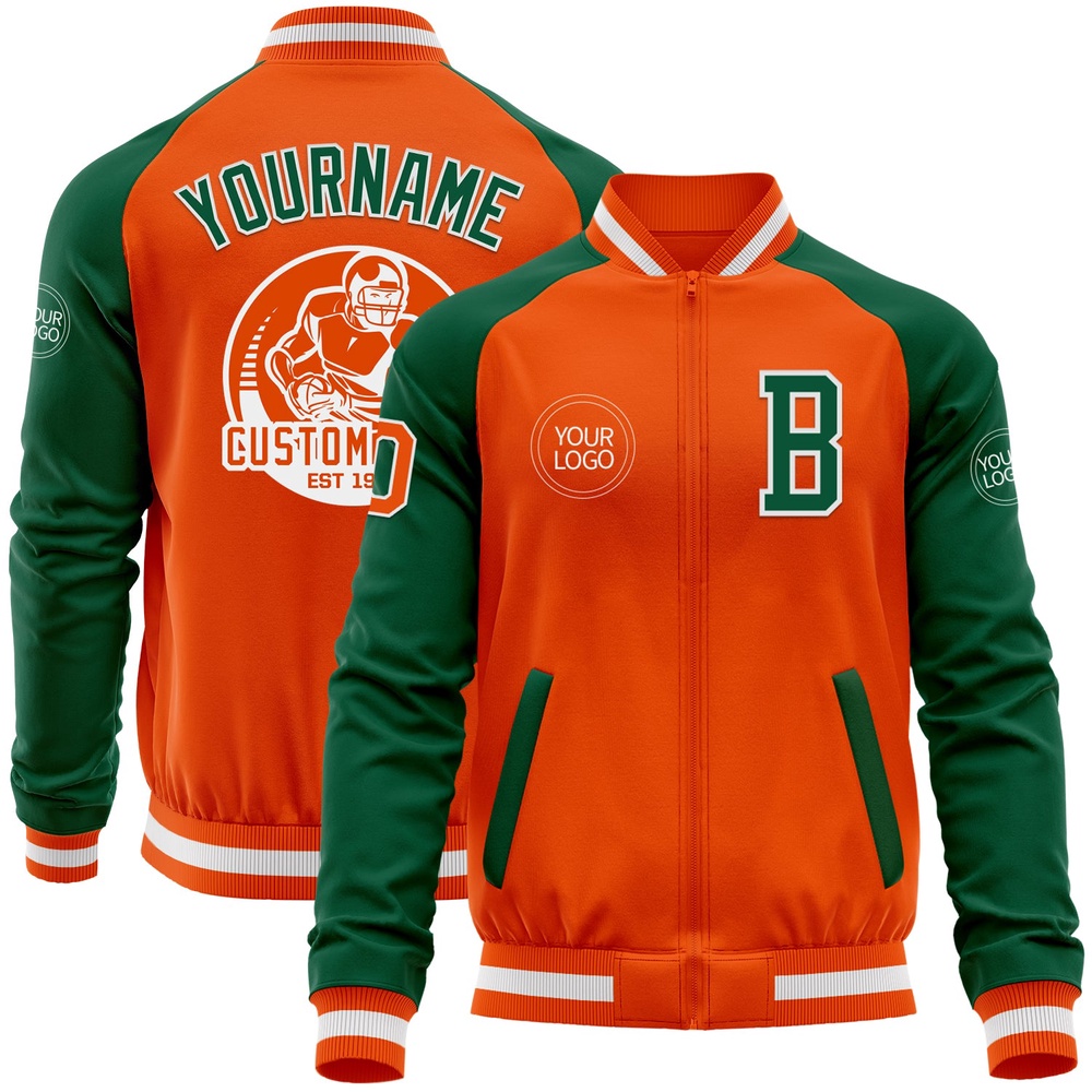 Custom Orange White Kelly Green Bomber Varsity Baseball Jacket, Custom Team Jacket Custom Orange White Kelly Green Bomber Varsity Baseball Jacket, Custom Team Jacket