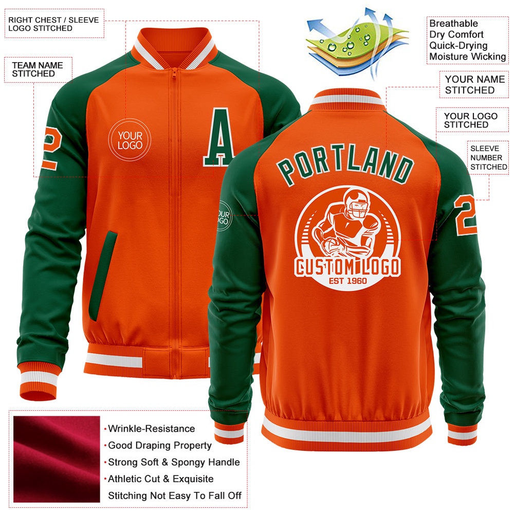 Custom Orange White Kelly Green Bomber Varsity Baseball Jacket, Custom Team Jacket Custom Orange White Kelly Green Bomber Varsity Baseball Jacket, Custom Team Jacket
