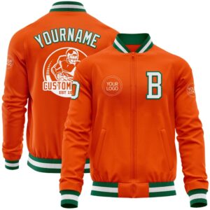 Custom Orange White Kelly Green Bomber Varsity…