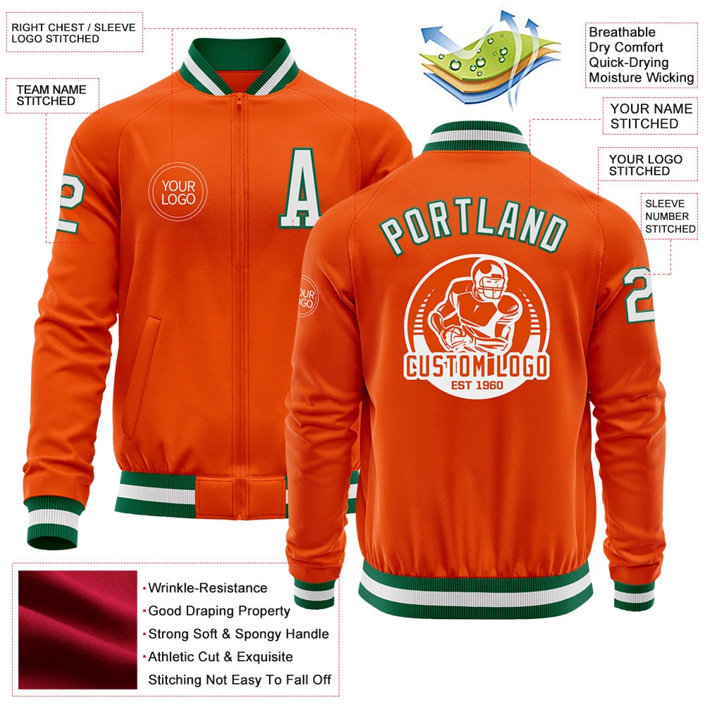 Custom Orange White Kelly Green Bomber Varsity Letterman Zipper Jacket, Custom Team Jacket Custom Orange White Kelly Green Bomber Varsity Letterman Zipper Jacket, Custom Team Jacket