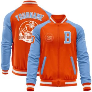 Custom Orange White Light Blue Bomber Varsity…