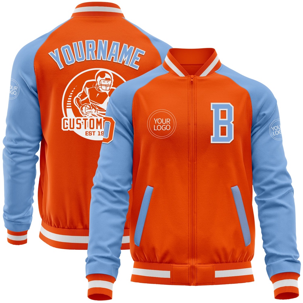 Custom Orange White Light Blue Bomber Varsity Baseball Jacket, Custom Team Jacket Custom Orange White Light Blue Bomber Varsity Baseball Jacket, Custom Team Jacket