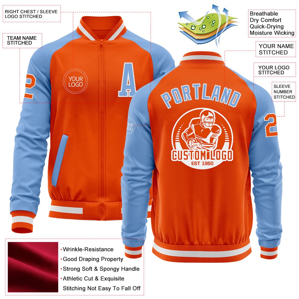 Custom Orange White Light Blue Bomber Varsity Baseball Jacket, Custom Team Jacket Custom Orange White Light Blue Bomber Varsity Baseball Jacket, Custom Team Jacket