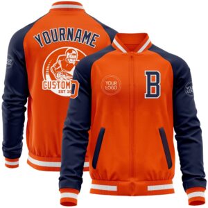 Custom Orange White Navy Bomber Varsity Baseball…