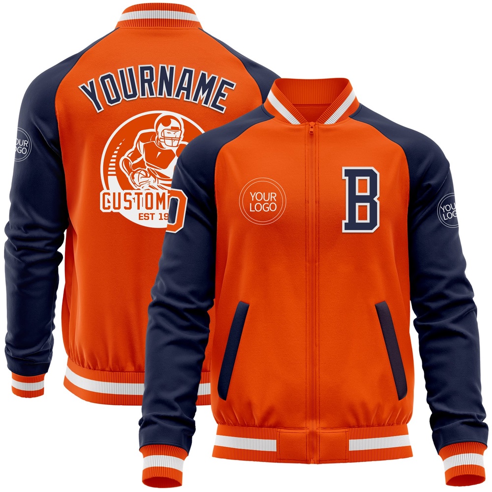 Custom Orange White Navy Bomber Varsity Baseball Jacket, Custom Team Jacket Custom Orange White Navy Bomber Varsity Baseball Jacket, Custom Team Jacket