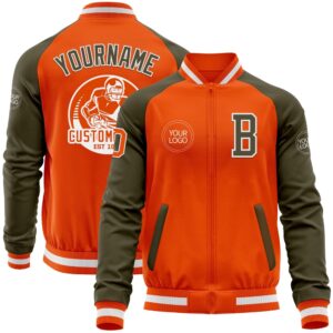 Custom Orange White Olive Bomber Varsity Baseball…