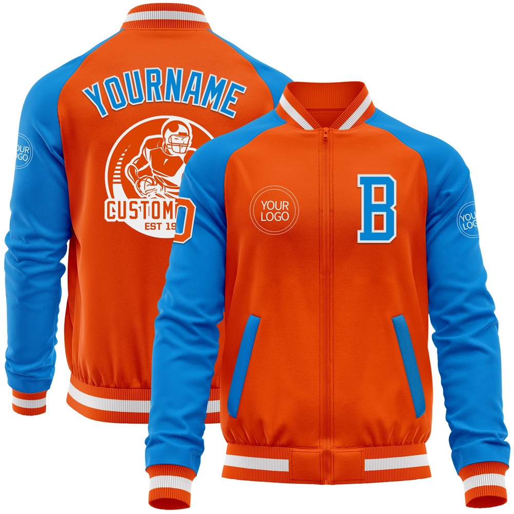 Custom Orange White Powder Blue Bomber Varsity Baseball Jacket, Custom Team Jacket Custom Orange White Powder Blue Bomber Varsity Baseball Jacket, Custom Team Jacket