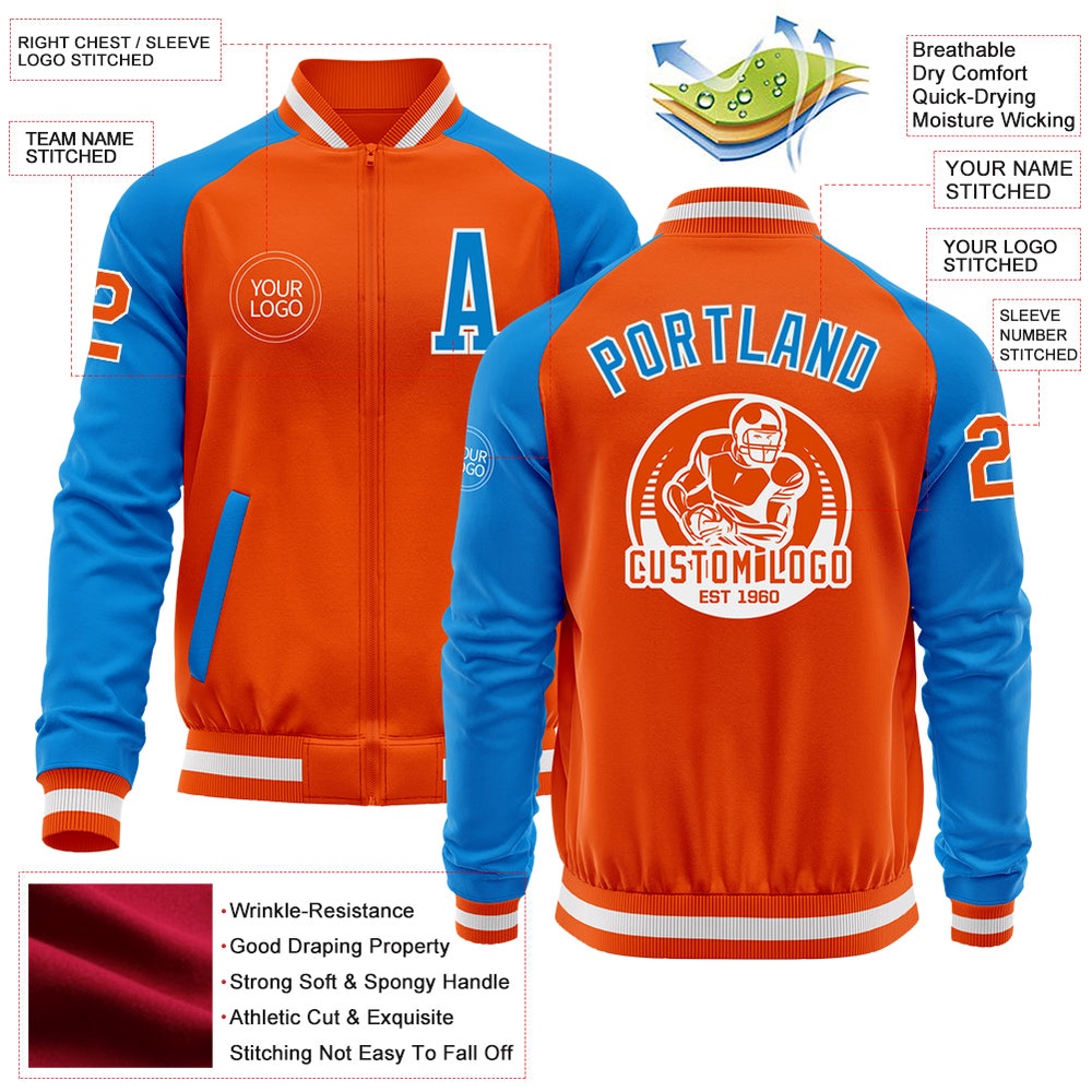 Custom Orange White Powder Blue Bomber Varsity Baseball Jacket, Custom Team Jacket Custom Orange White Powder Blue Bomber Varsity Baseball Jacket, Custom Team Jacket