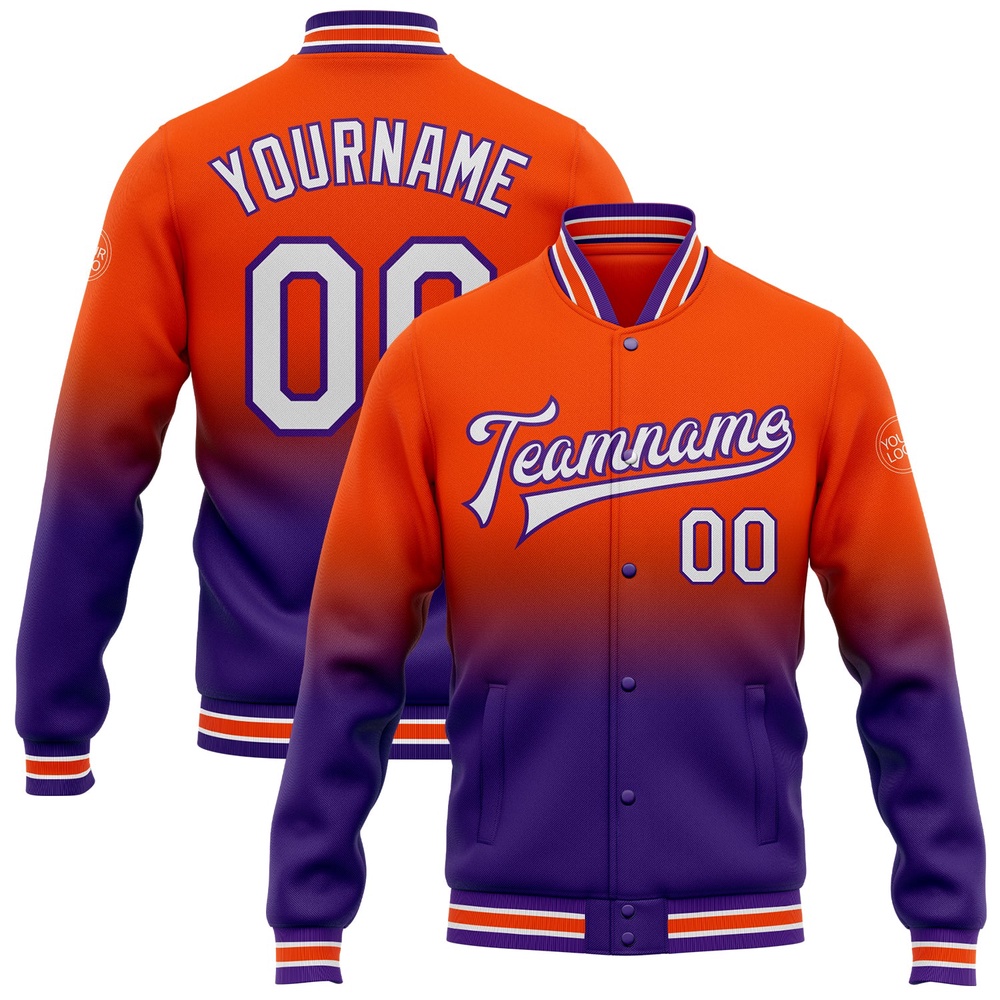 Custom Orange White Purple Bomber Full Snap Baseball Jacket, Custom Team Jacket Custom Orange White Purple Bomber Full Snap Baseball Jacket, Custom Team Jacket