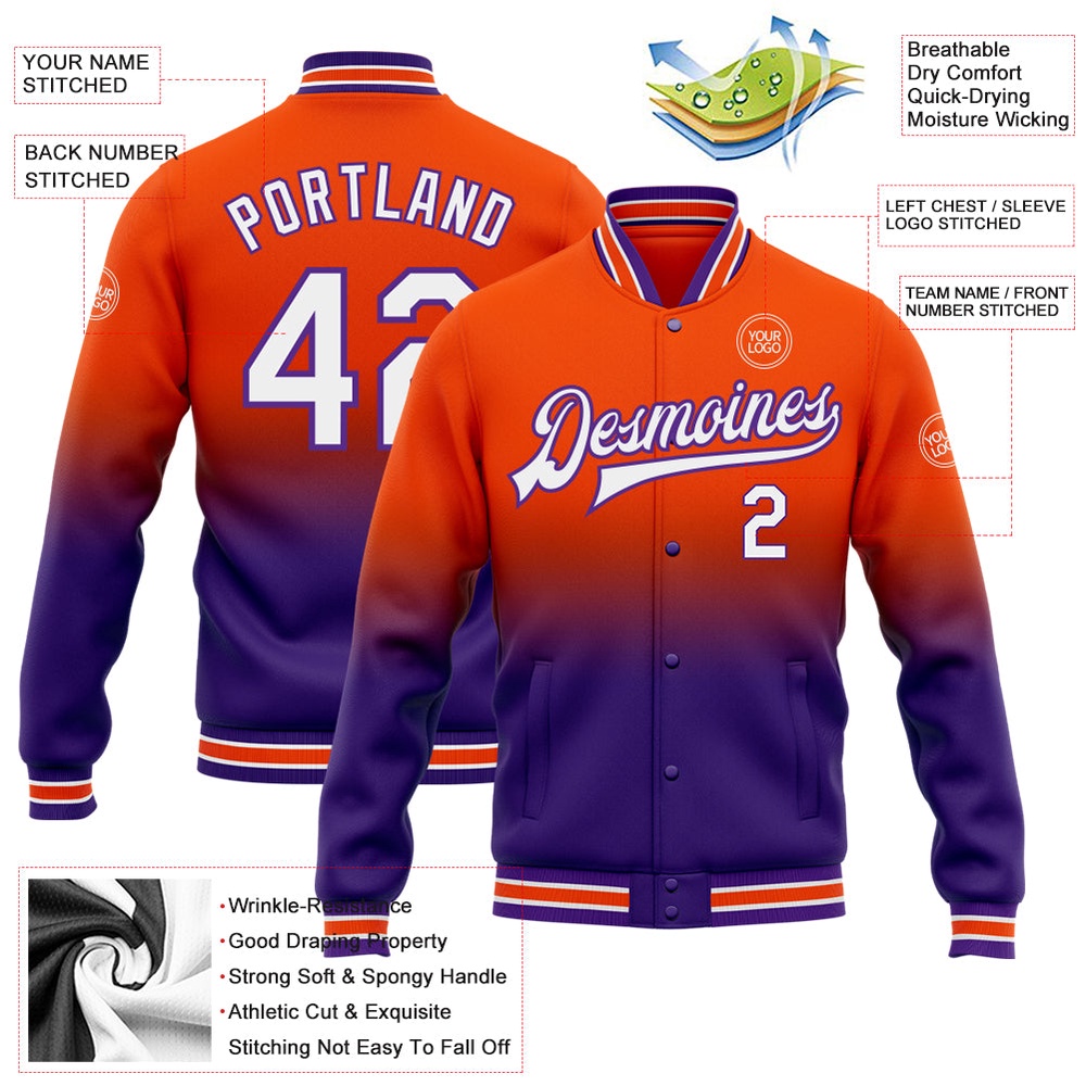 Custom Orange White Purple Bomber Full Snap Baseball Jacket, Custom Team Jacket Custom Orange White Purple Bomber Full Snap Baseball Jacket, Custom Team Jacket