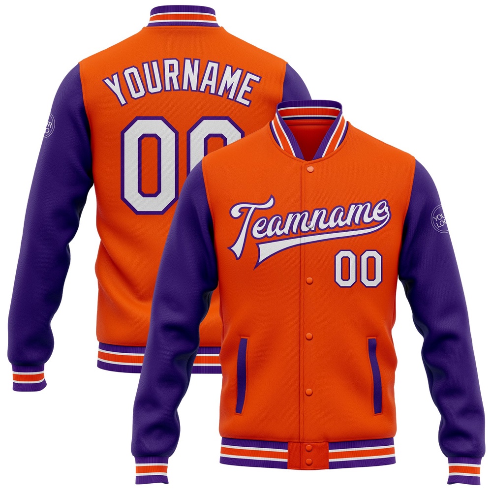 Custom Orange White Purple Bomber Full Snap Varsity Baseball Jacket, Custom Team Jacket Custom Orange White Purple Bomber Full Snap Varsity Baseball Jacket, Custom Team Jacket